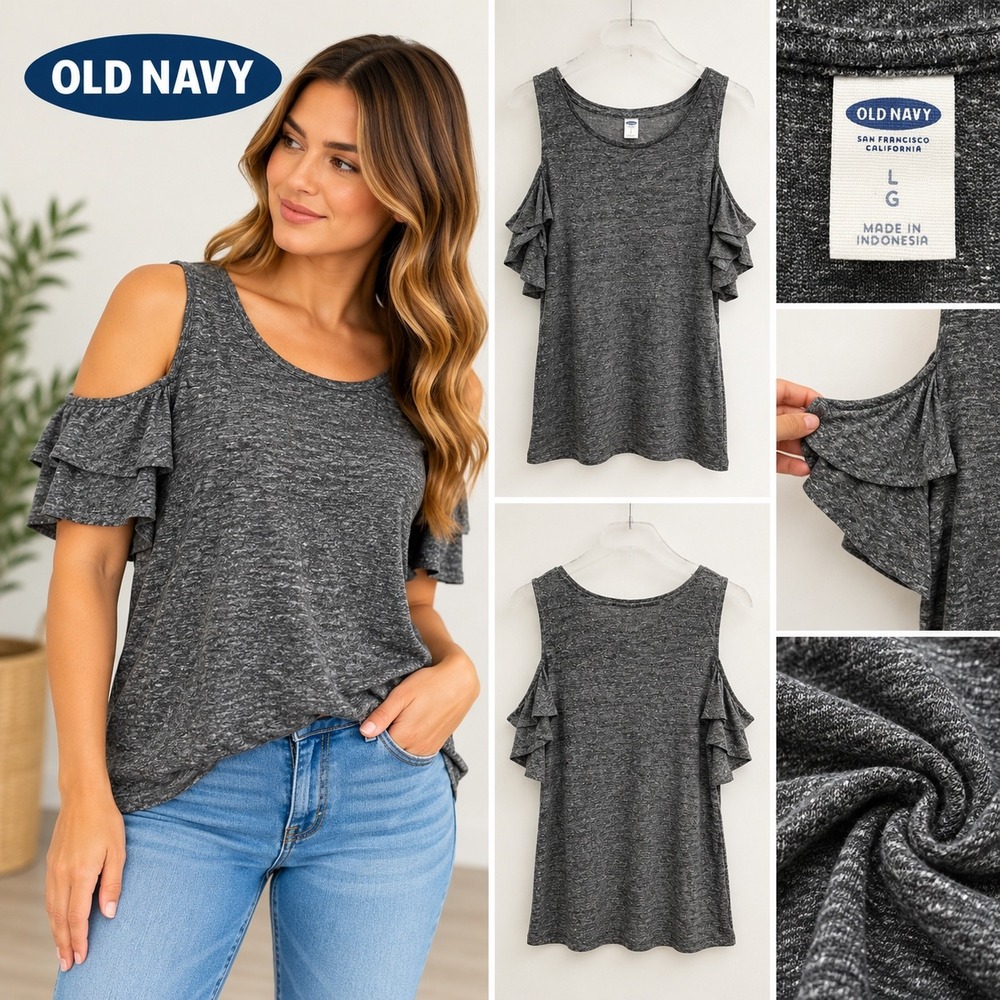 Old Navy Womens Large Gray Heathered Cold Shoulder Ruffle Tiered Sleeve Top